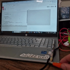 Tapping the pencil connected to the LEFT - on the Makey Makey generates green squares at random positions on the canvas.